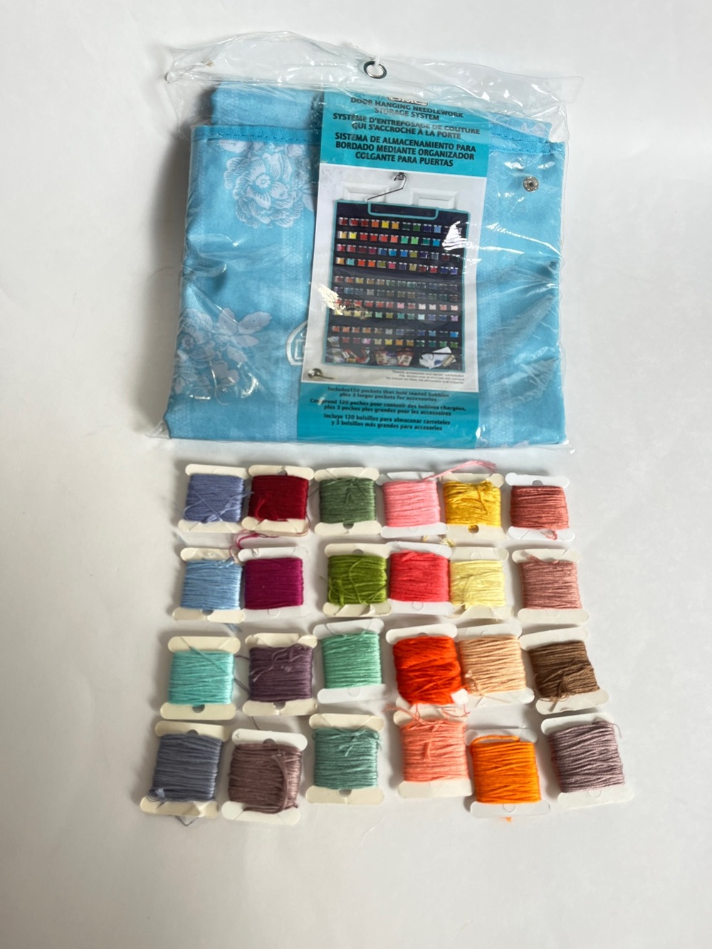 Preowned Mix Lot Embroidery Floss Thread Cards with New DMC Hanging Storage Bag